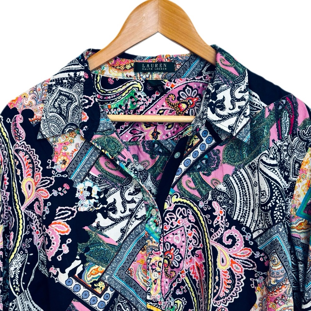Lauren Ralph Lauren Retro Paisley Patchwork Button Front Pink Black Shirt 3X